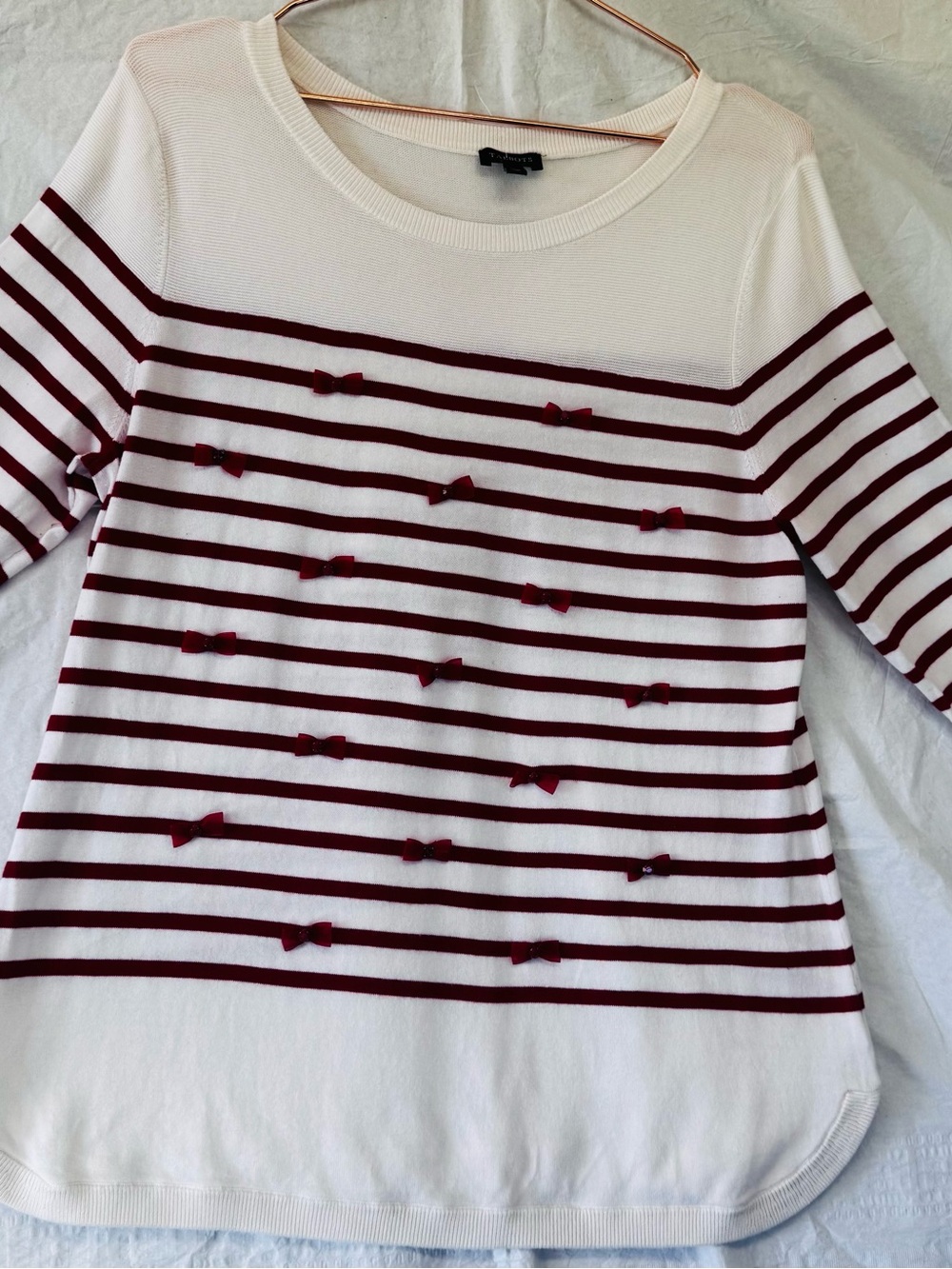 Talbots Coquette Bow Sweater Red Cream Stripe Knit Top Lg Preppy Classic style